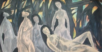 cinco damas desnudas tinta china vieja Pinturas al óleo